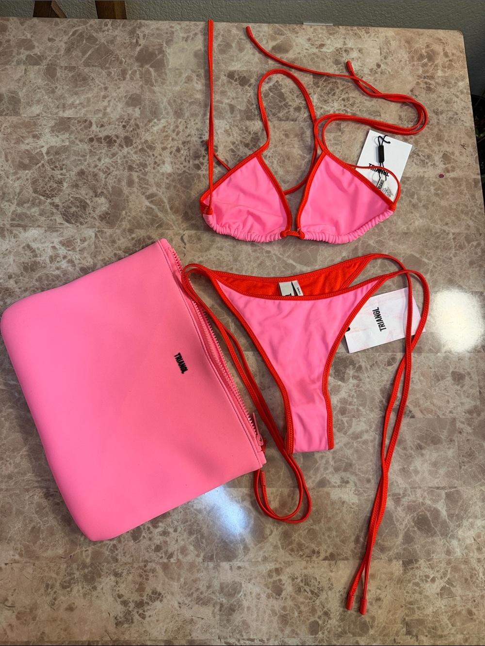 triangl swimwear Girls Neon Pink Bikini with Orange Trim and Pink Pouch